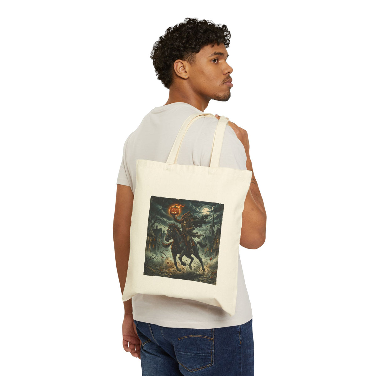 Headless Horseman Halloween Tote Bag - Pumpkin Jack-O'-Lantern Canvas Tote